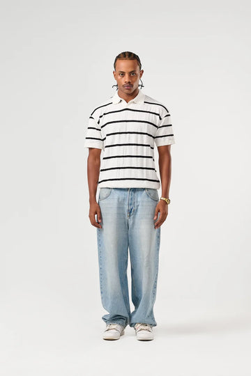 White Knitted Striped Polo