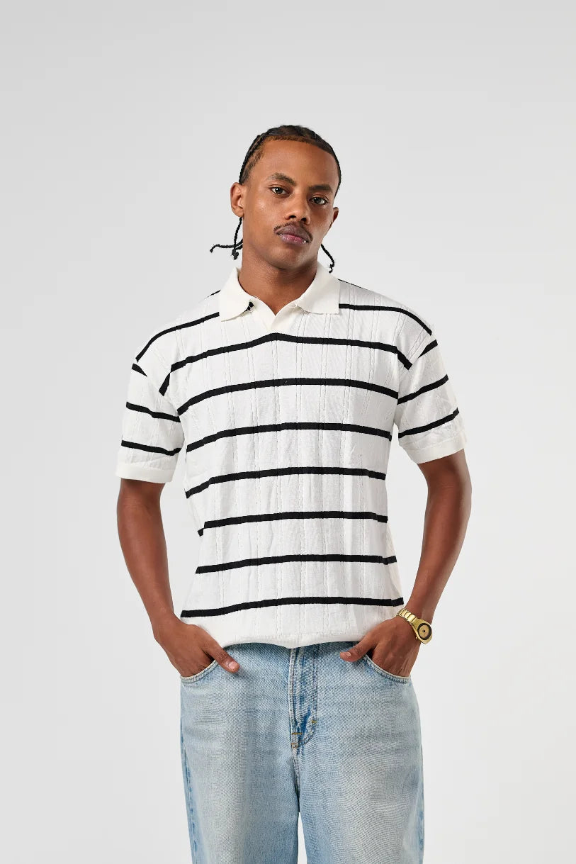 White Knitted Striped Polo