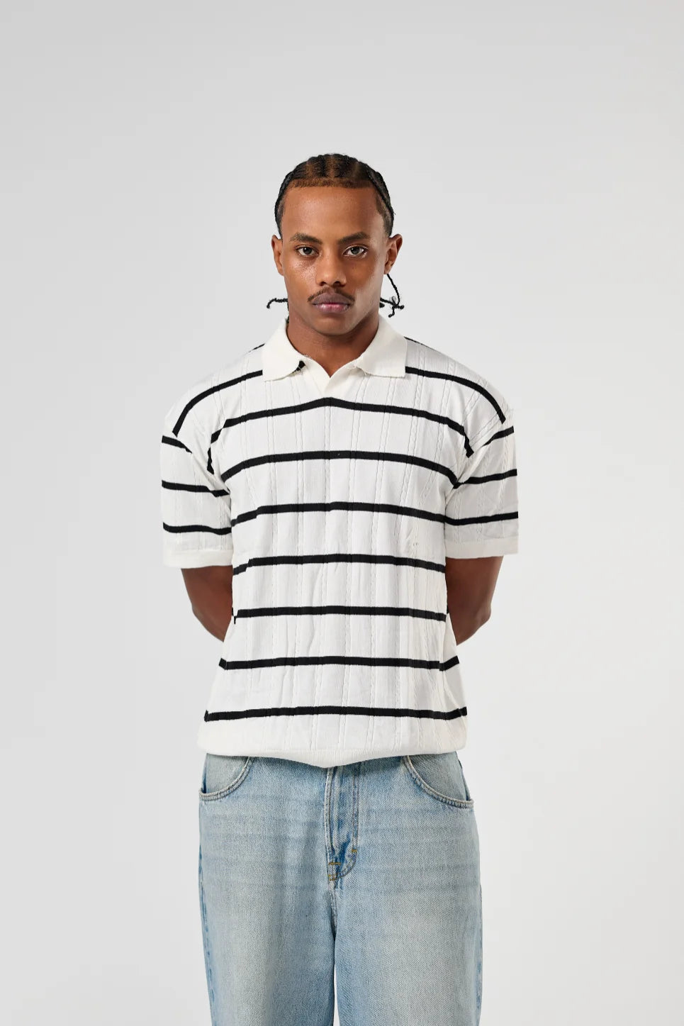 White Knitted Striped Polo