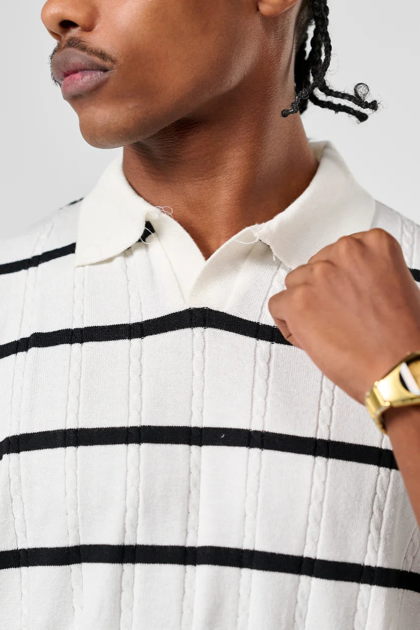 White Knitted Striped Polo