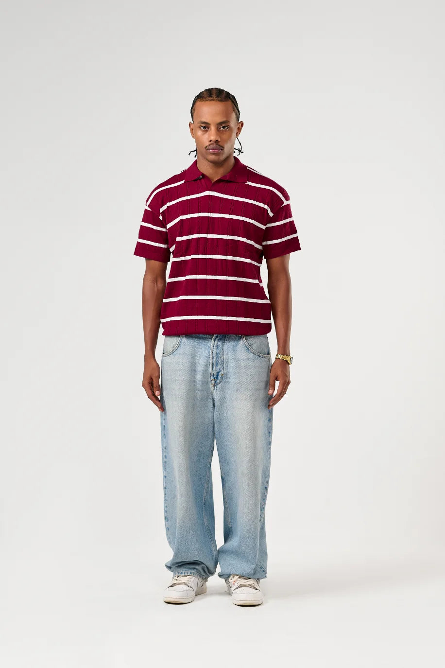 Burgundy Knitted Striped Polo