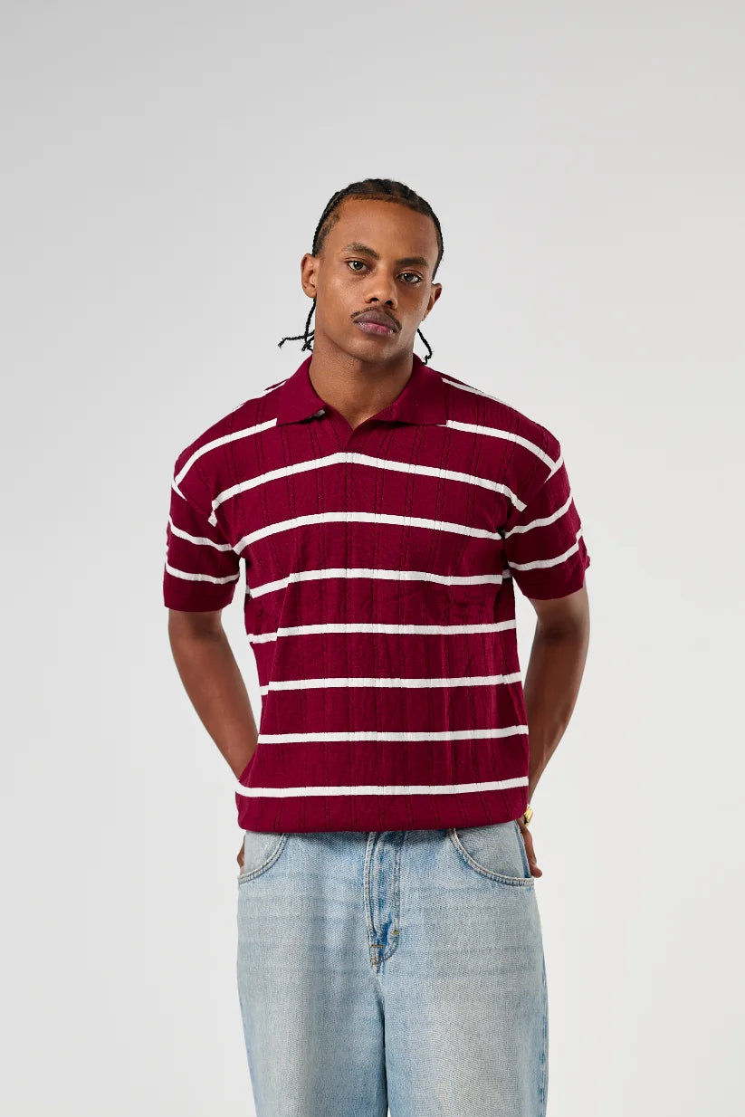 Burgundy Knitted Striped Polo