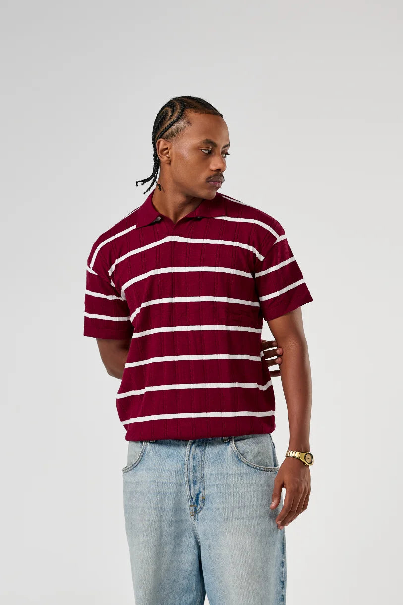 Burgundy Knitted Striped Polo