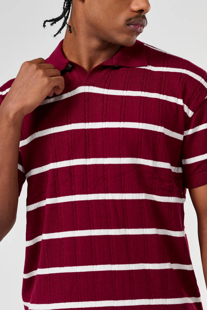 Burgundy Knitted Striped Polo
