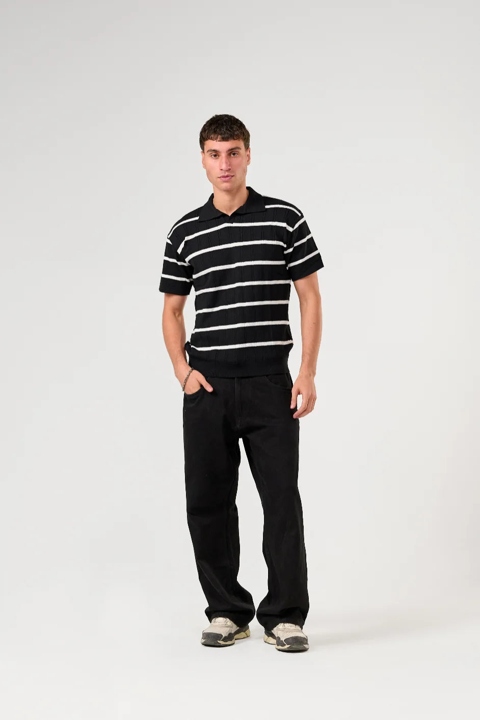 Black Knitted Striped Polo