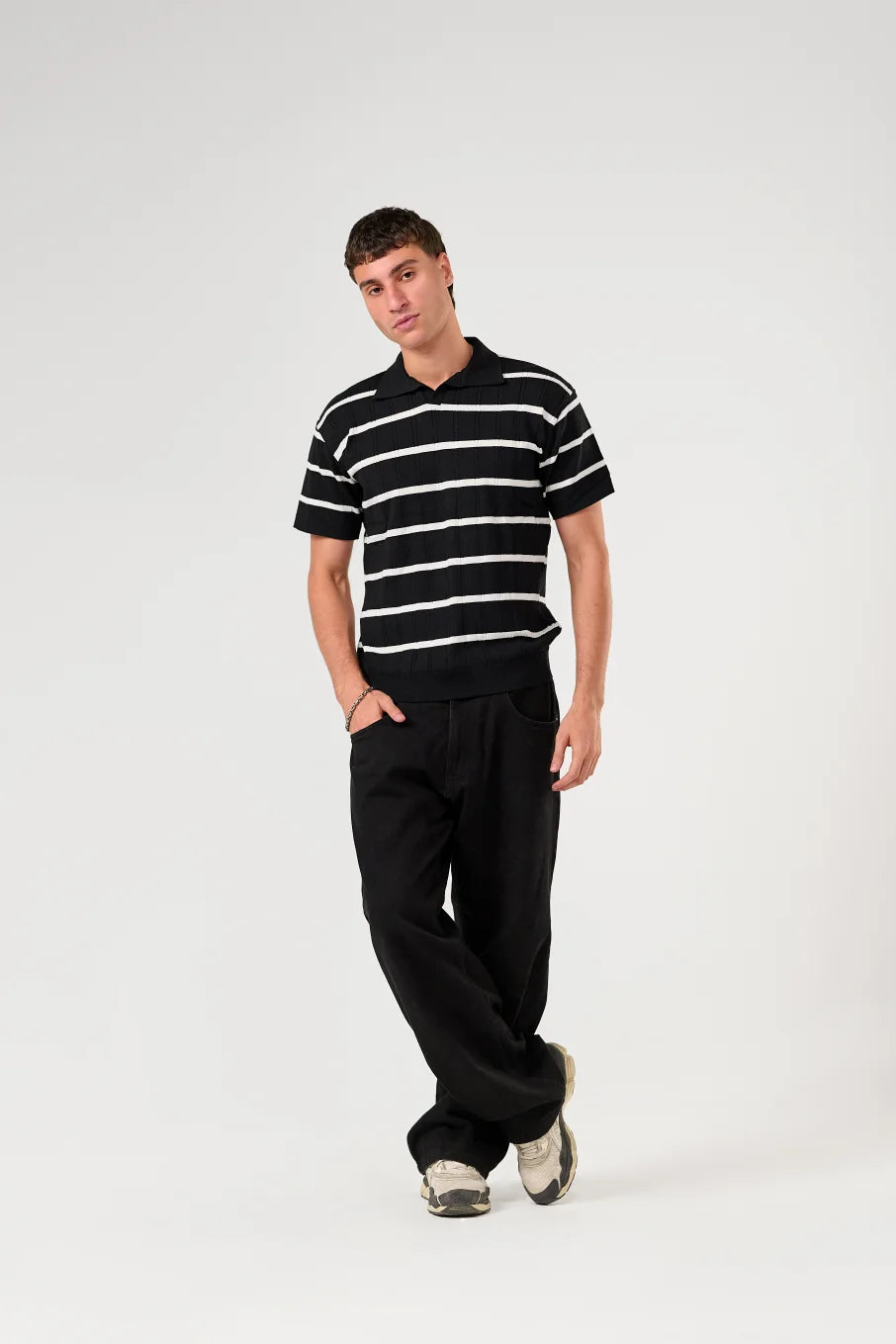 Black Knitted Striped Polo
