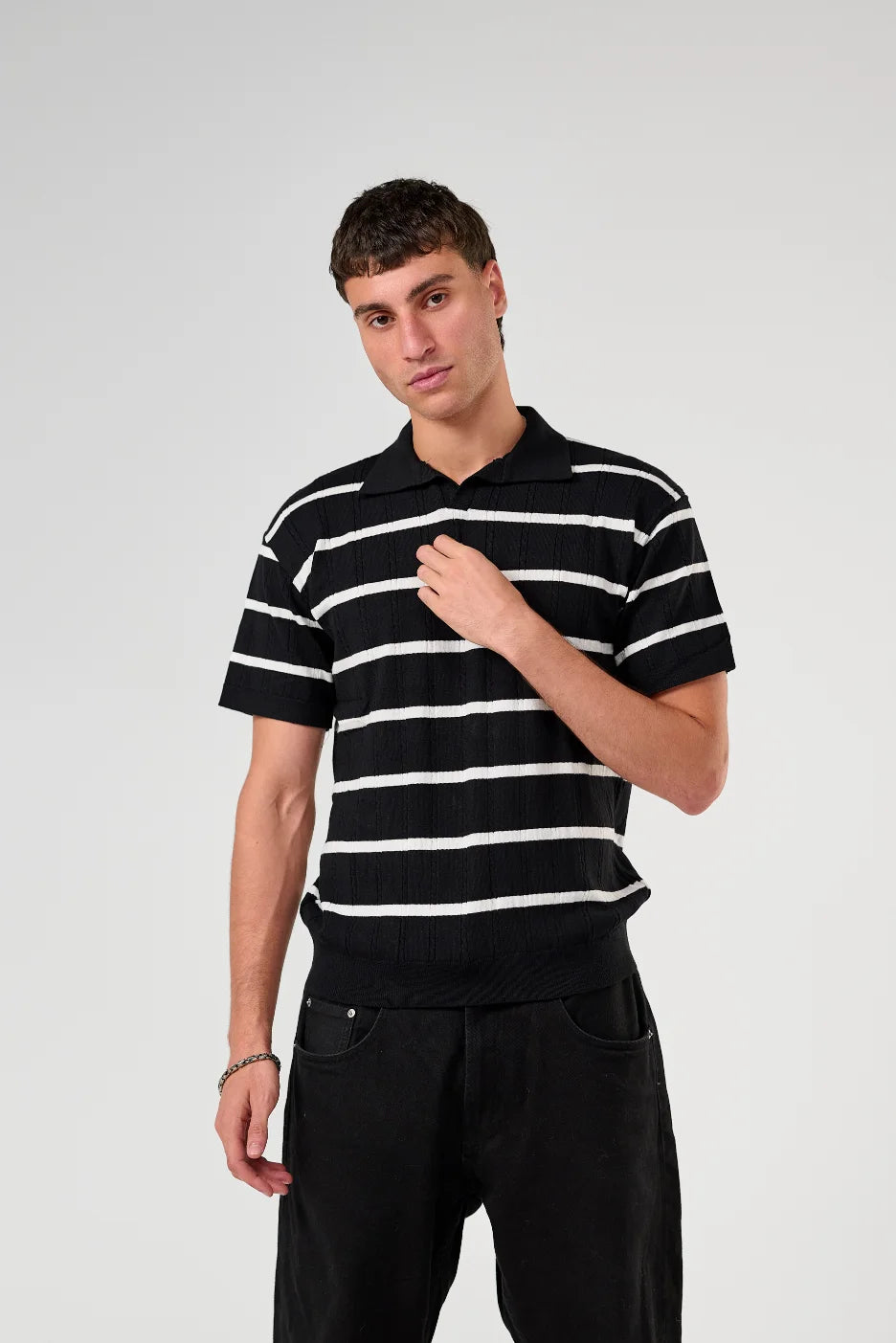 Black Knitted Striped Polo