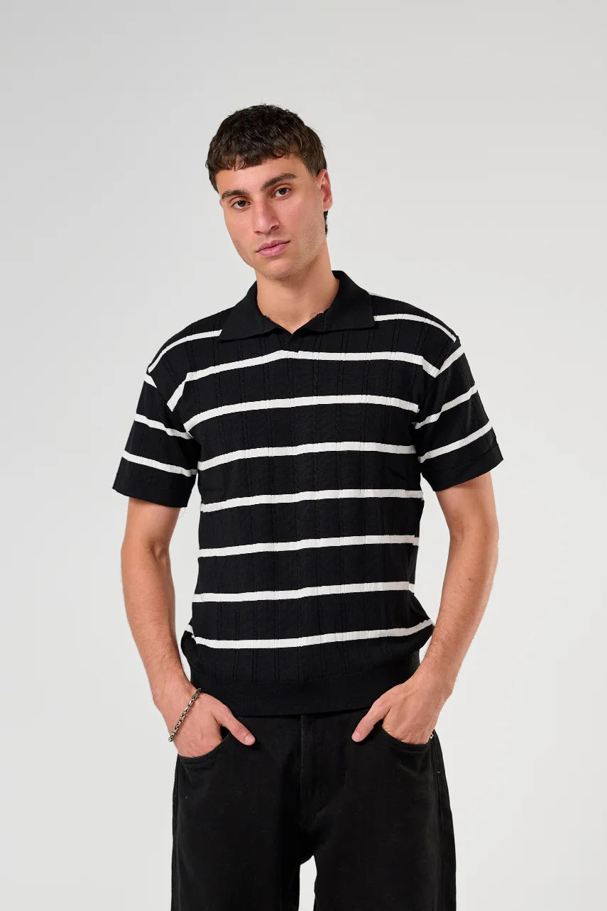 Black Knitted Striped Polo