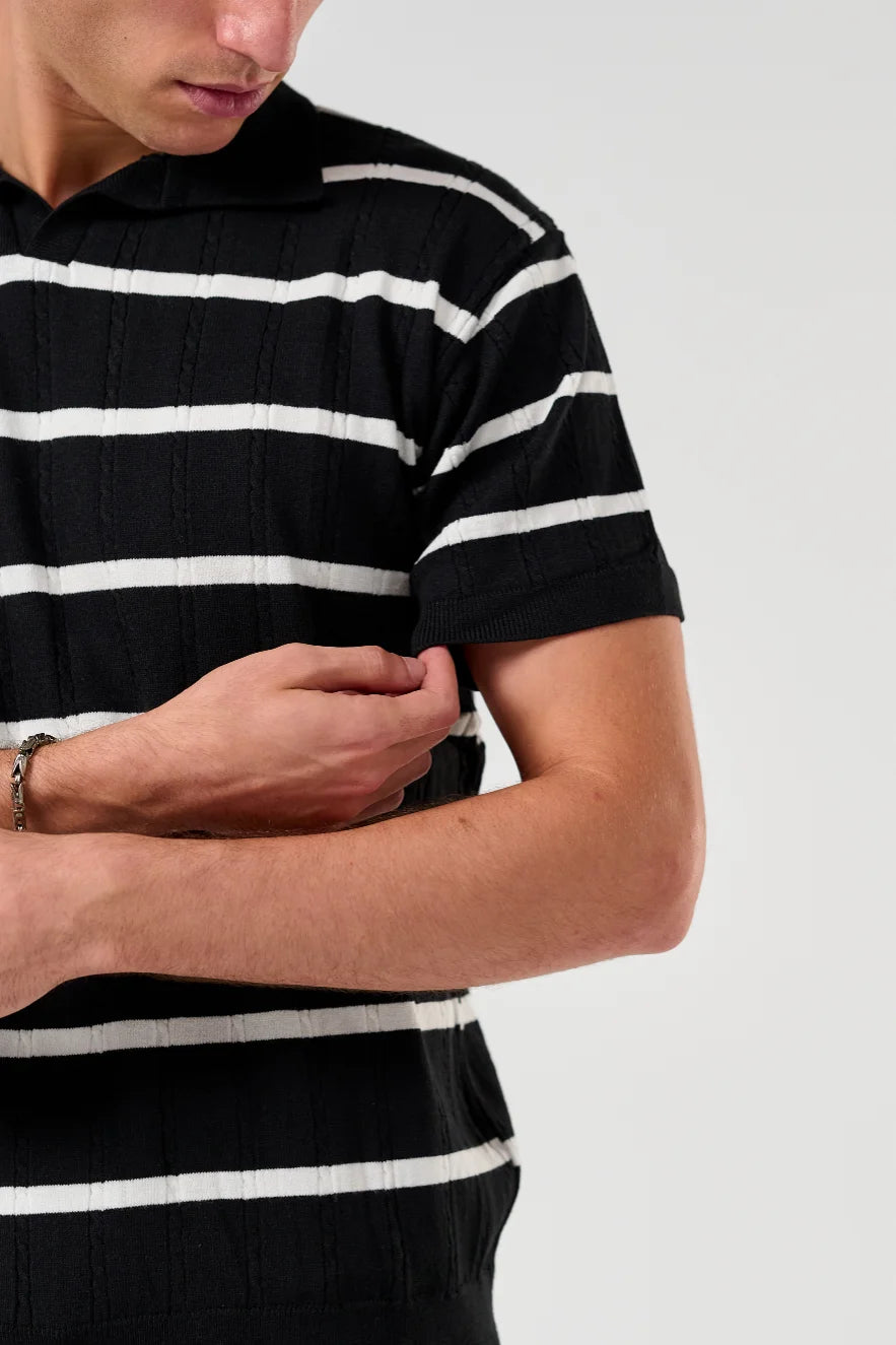 Black Knitted Striped Polo