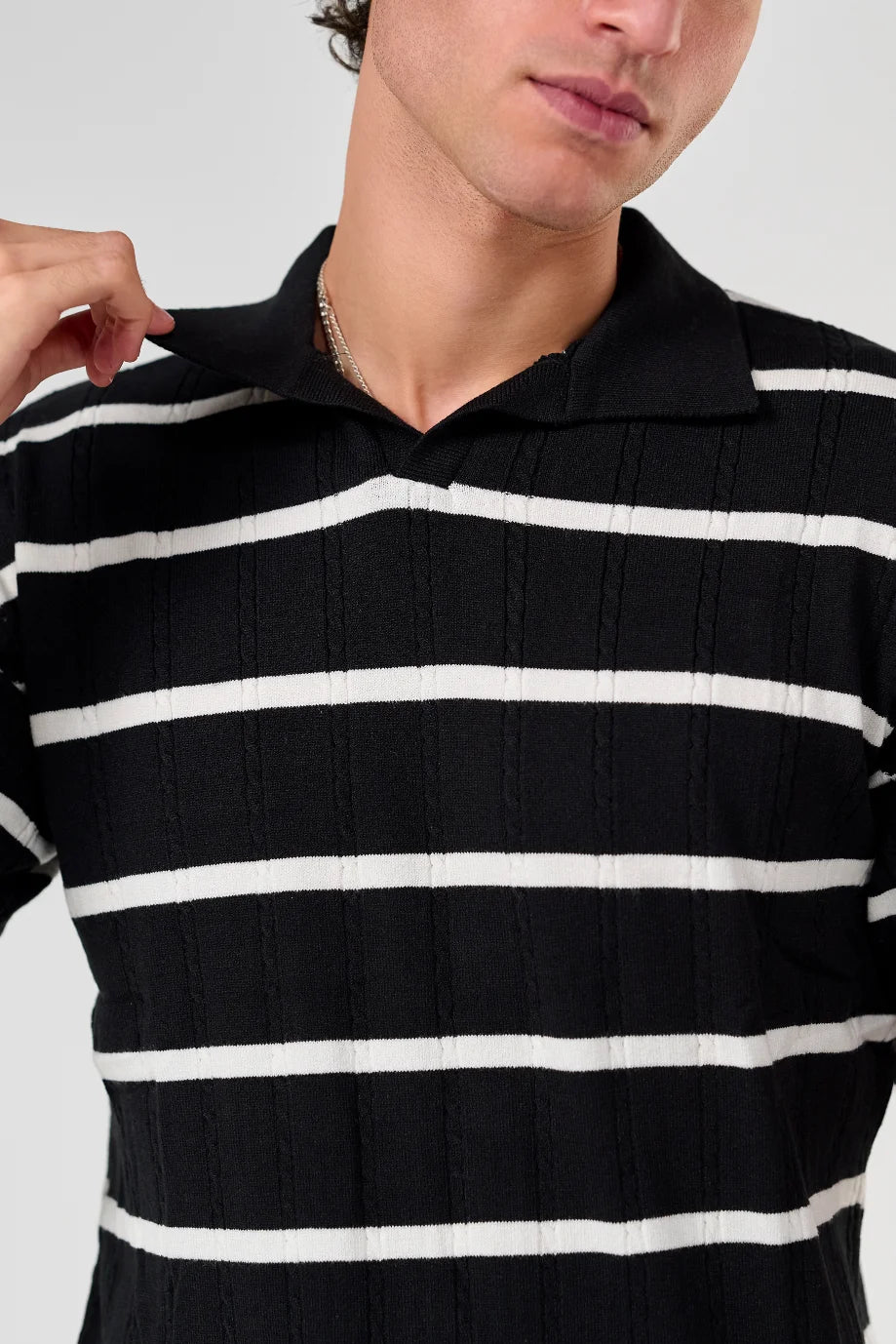 Black Knitted Striped Polo