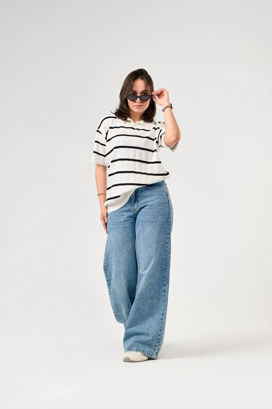 White Knitted Striped Polo