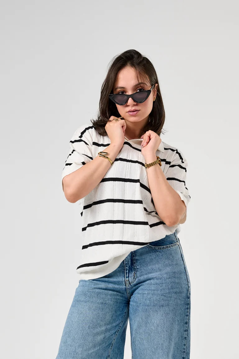 White Knitted Striped Polo