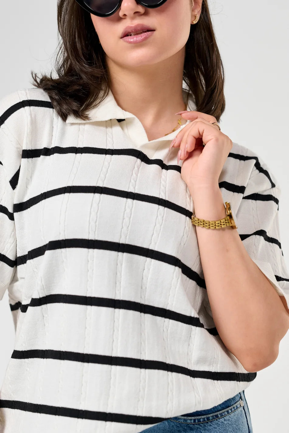 White Knitted Striped Polo