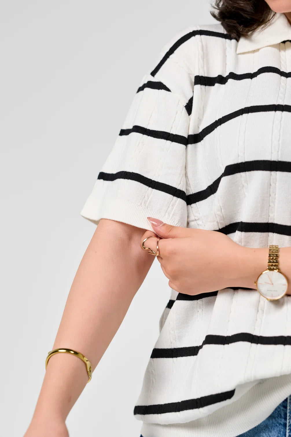 White Knitted Striped Polo
