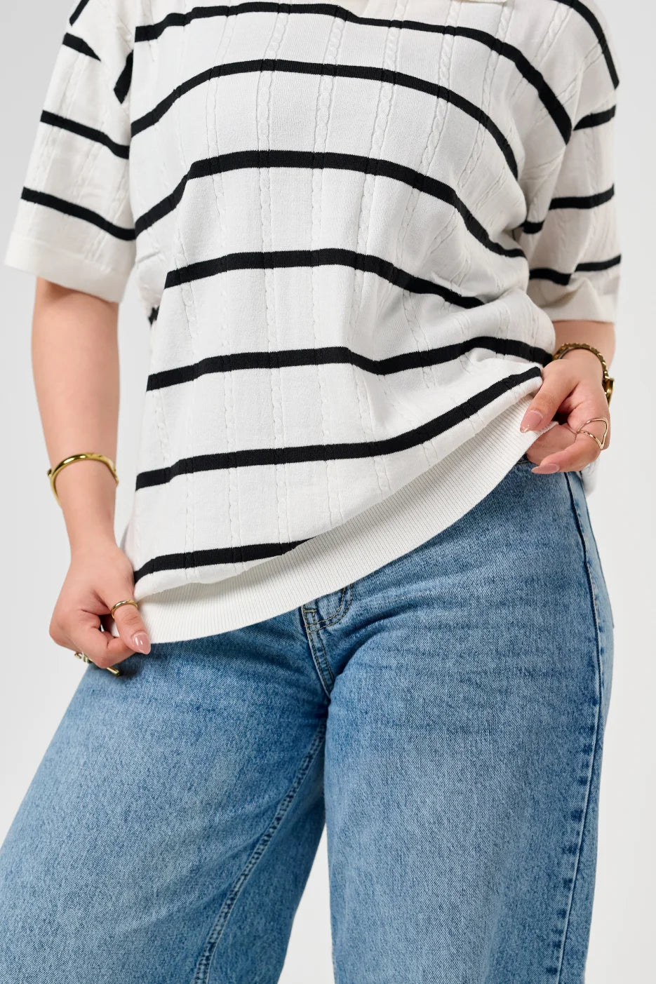 White Knitted Striped Polo